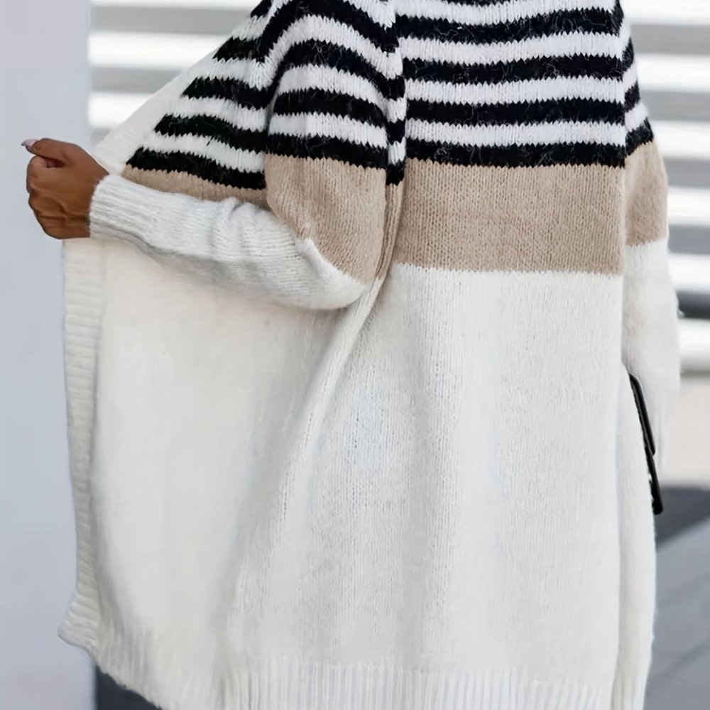 Casual Open Front Long Sleeve Color Block Mid Length Knit Cardigan - Picture 3 of 7